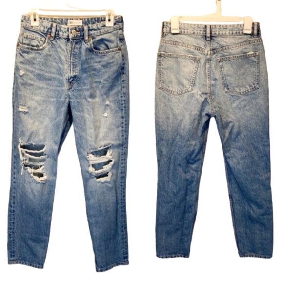Zara Ripped Mom Jeans Size 6 Acid Wash Slightly Tapered Distressed High Rise - Picture 2 of 13